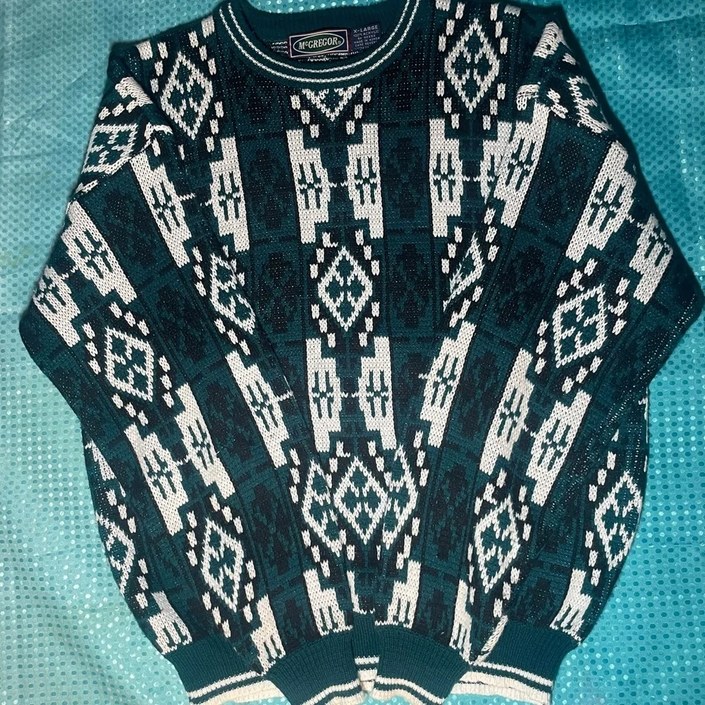 Vintage McGregor Patterned Blue Black Acrylic Knit Crewneck sz XL